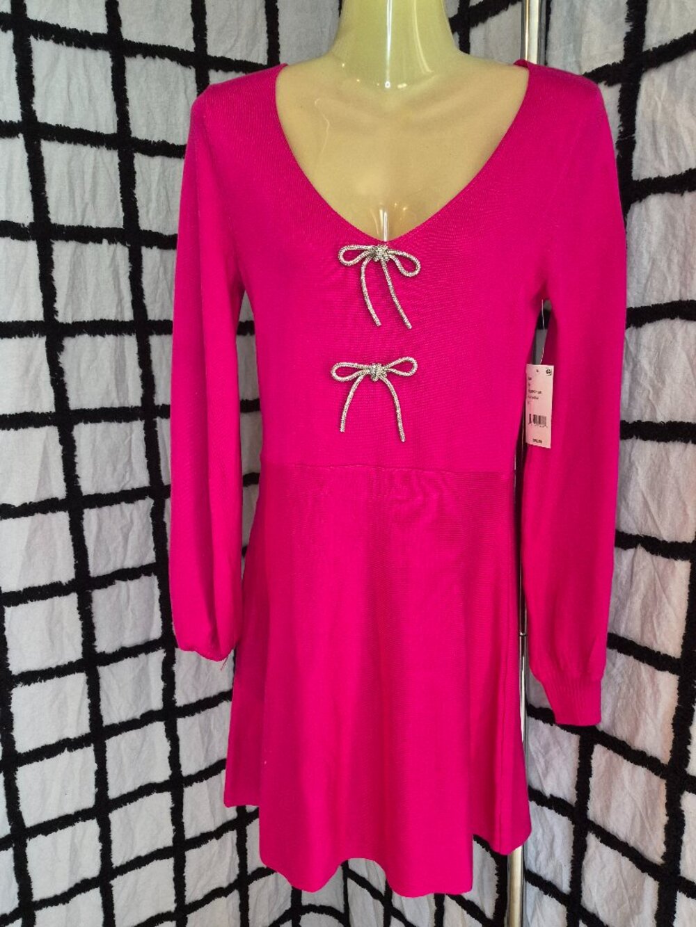 NWT Fuchsia Midnight Doll V-Neck Rhinestone Bow Front Long Sleeve Sweater Dress